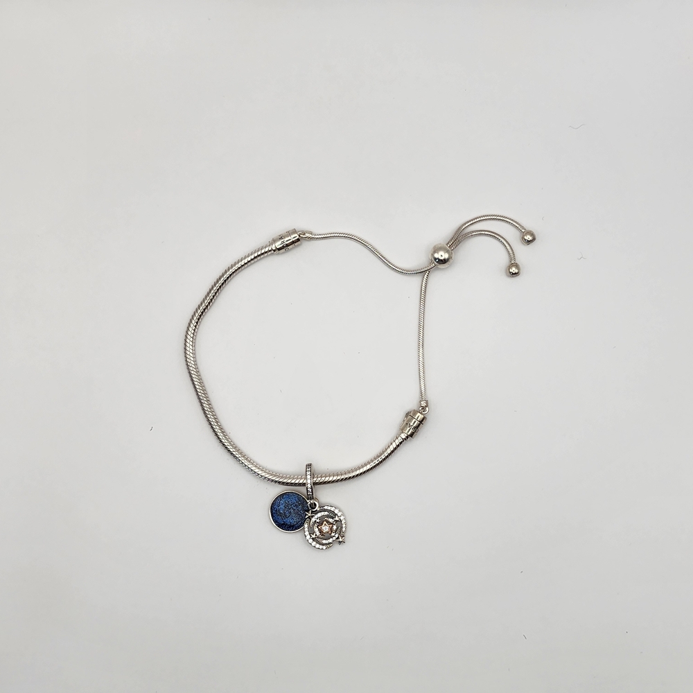 Pandora Silver Adjustable Charm Bracelet with Blue & Silver Charms